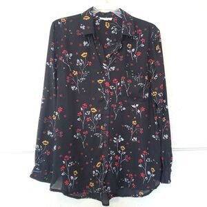 BLL New York Blouse Womens Black‎ Red Yellow Floral Chiffon Long Sleeve Button M